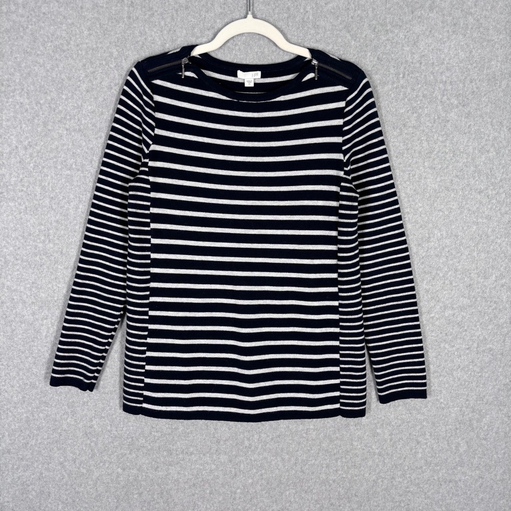 J Jill Tunic Sweater XS Navy White Neck Zippers Cotton Coastal Grandma Old Money